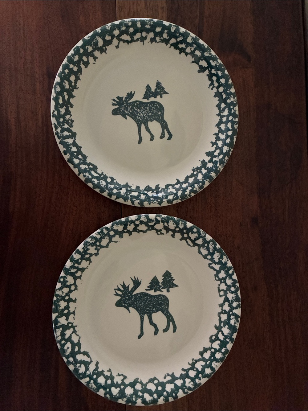 Set of 2 Folk Craft Moose Country by Tienshan Green Dinner Plates
